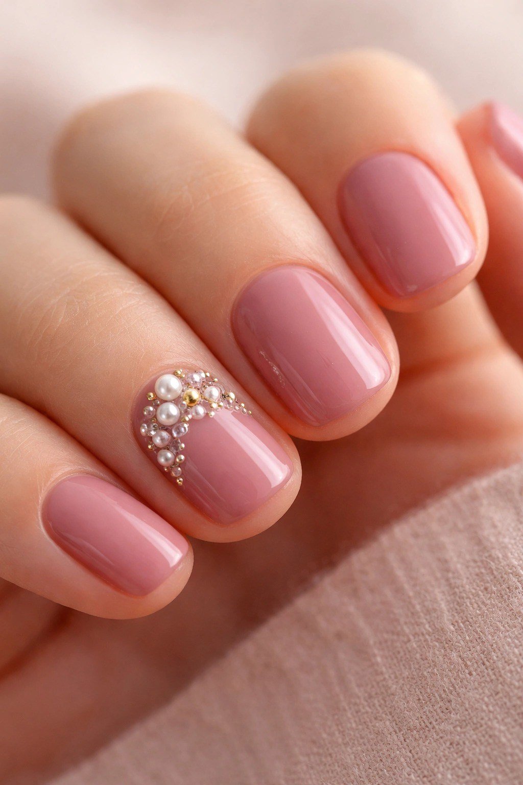 Rose Pink Nails with Pearl Accent - elegant short nail idea for women over 50