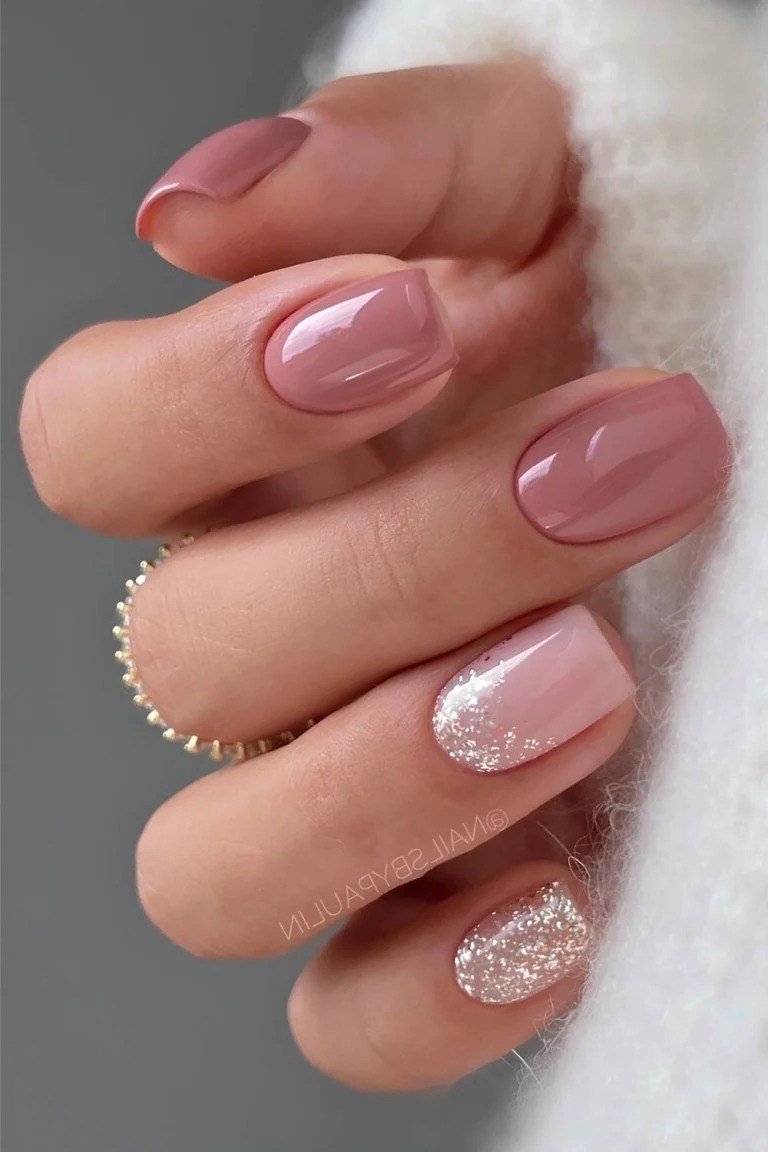 Rose Pink Nails with Silver Glitter Accents - elegant short nail idea for women over 50