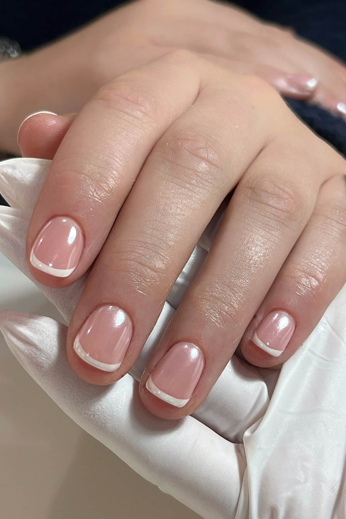 Pale Pink Short Nails with White Knit - elegant short nail idea for women over 50
