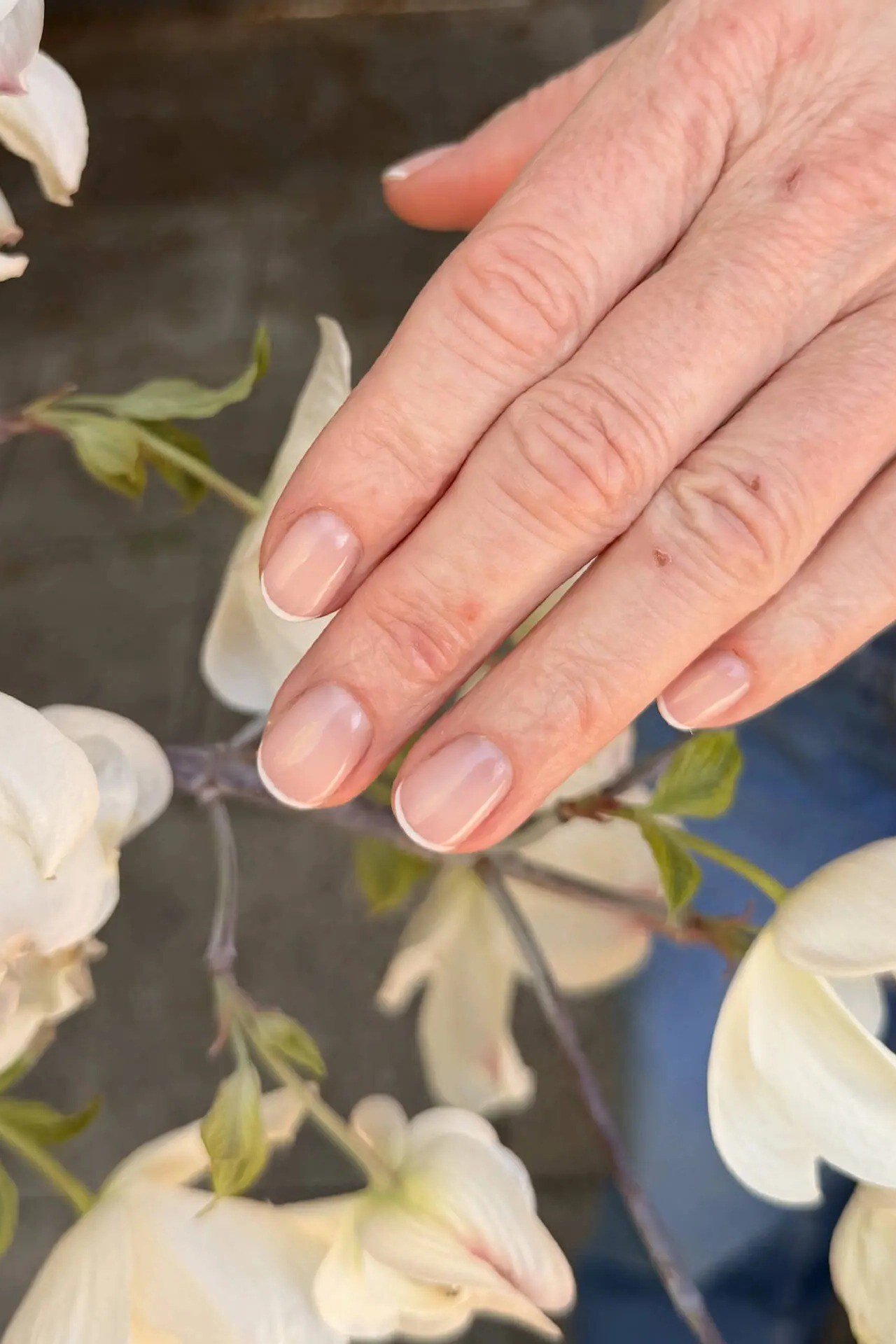 Sheer Nude Nails with Orchids - elegant short nail idea for women over 50