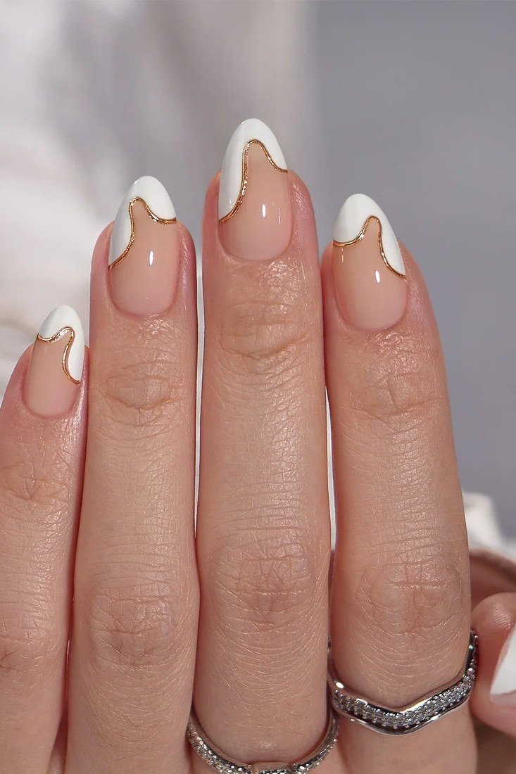 Nude Nails with White Wave Tips - elegant short nail idea for women over 50