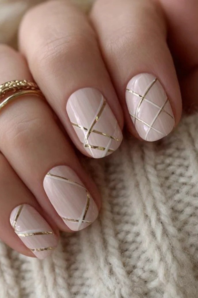 Nude Nails with Geometric Line Art - elegant short nail idea for women over 50