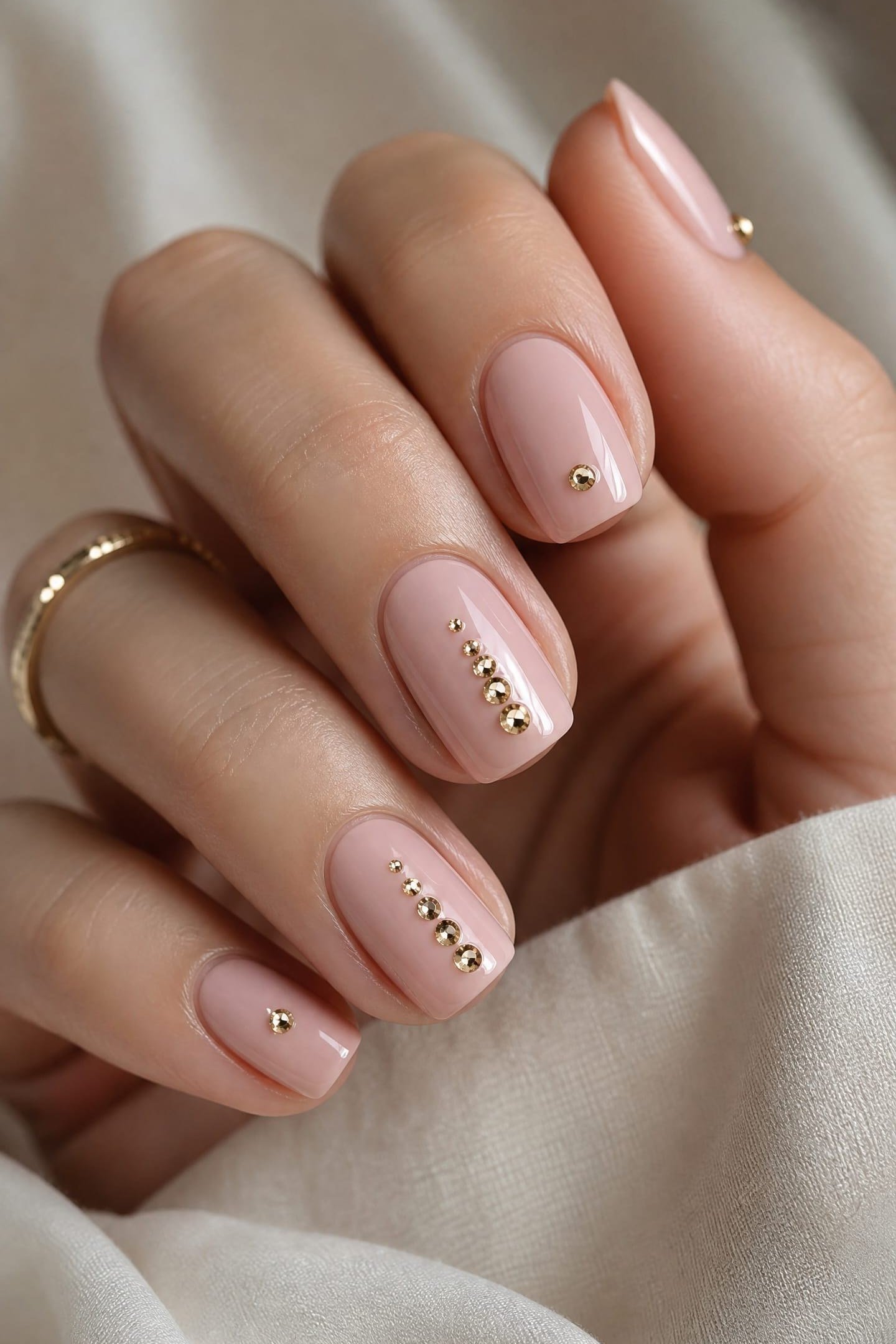 Nude Nails with Tiny Gold Dots - elegant short nail idea for women over 50