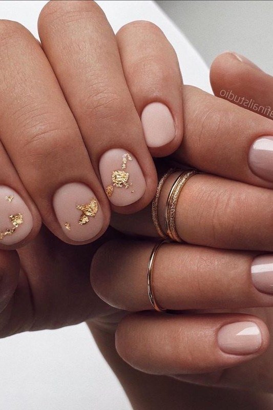 Nude Nails with Gold Leaf Art - elegant short nail idea for women over 50