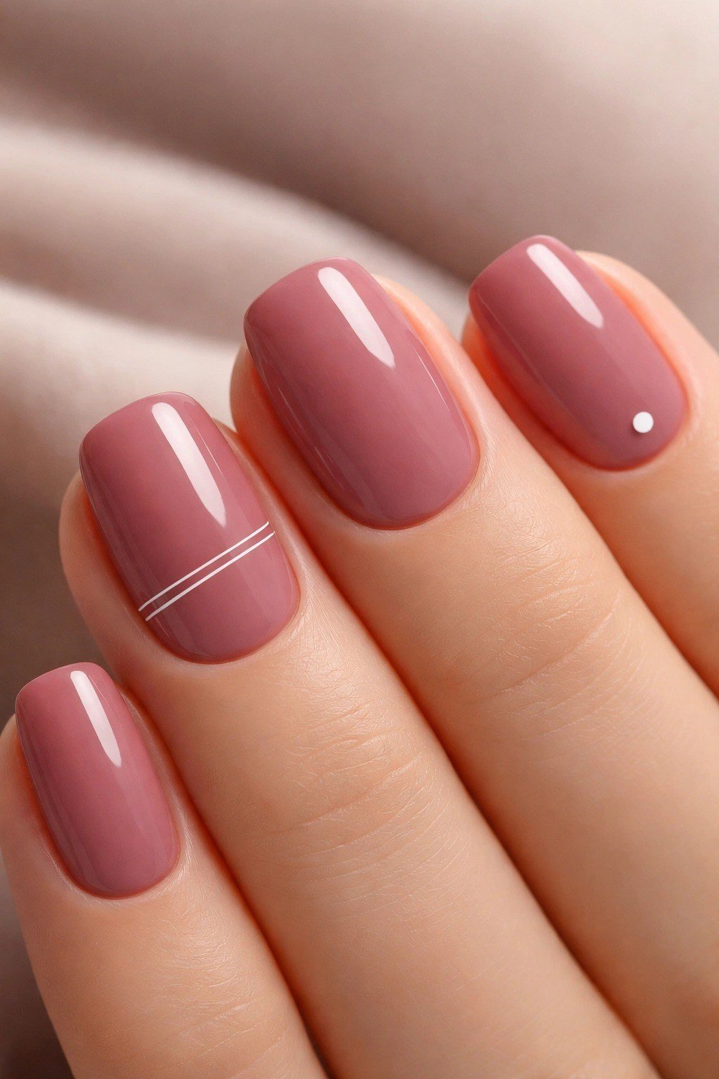 Dusty Rose Nails with White Line Accents - elegant short nail idea for women over 50
