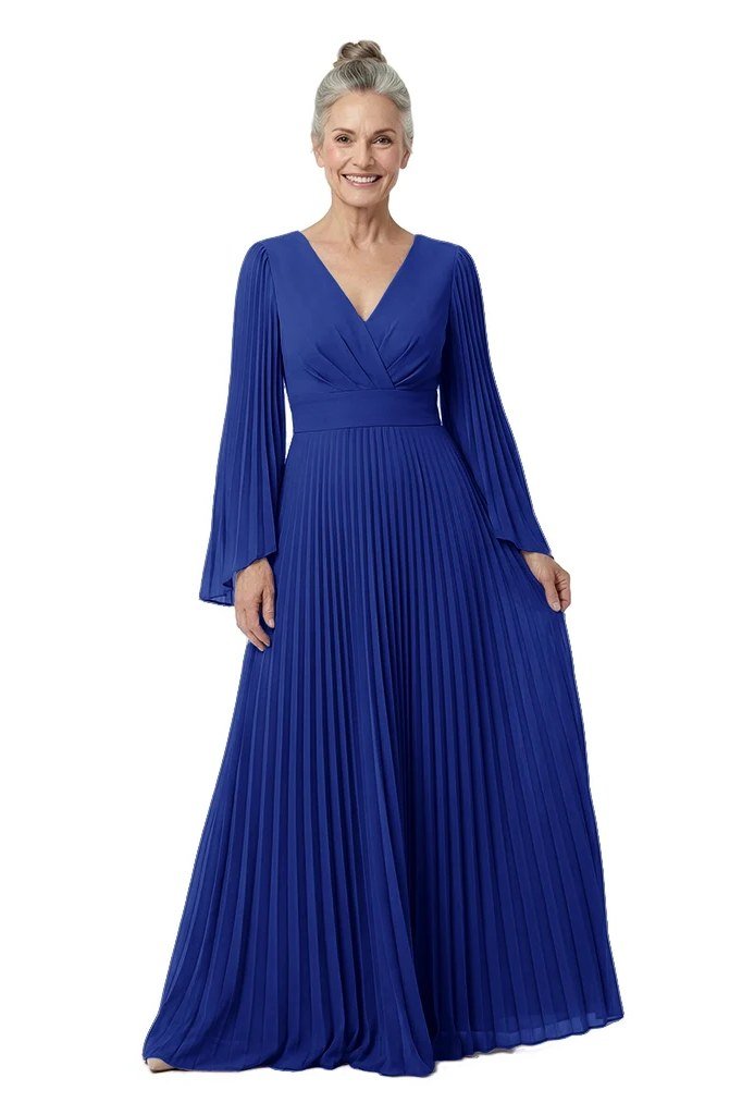 Royal blue pleated evening gown with V-neck and long sleeves on a silver-haired woman over 60
