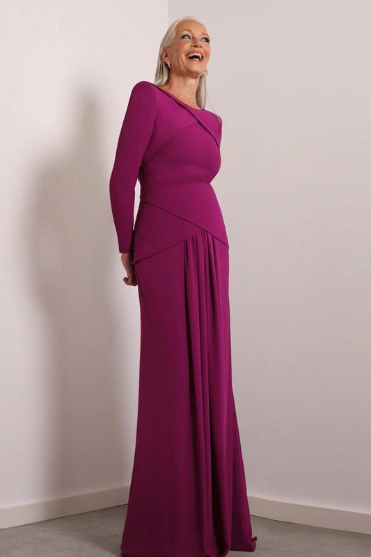 Magenta long-sleeve draped formal gown for women over 60
