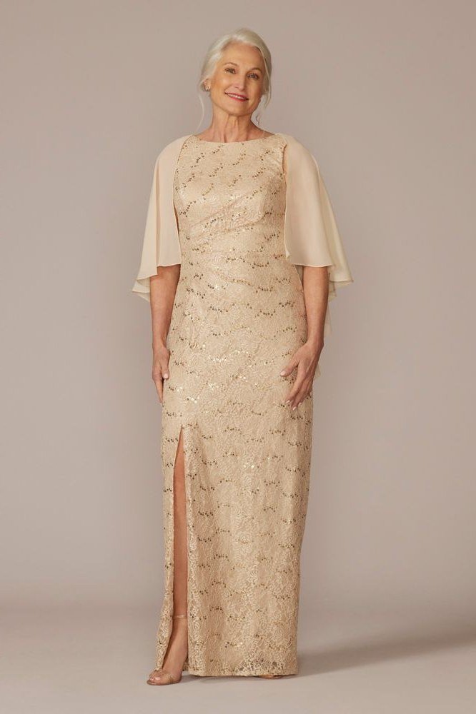 Champagne gold lace column evening gown for women over 60