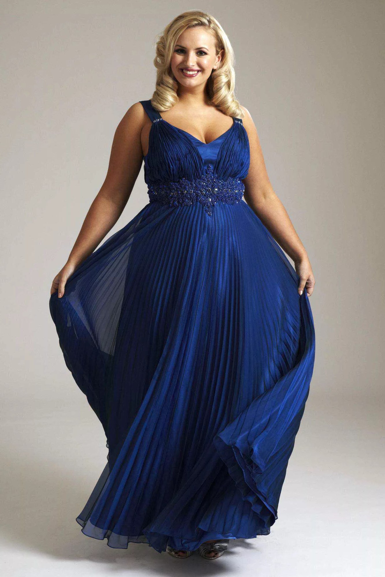 Royal blue pleated evening gown for plus-size women over 60