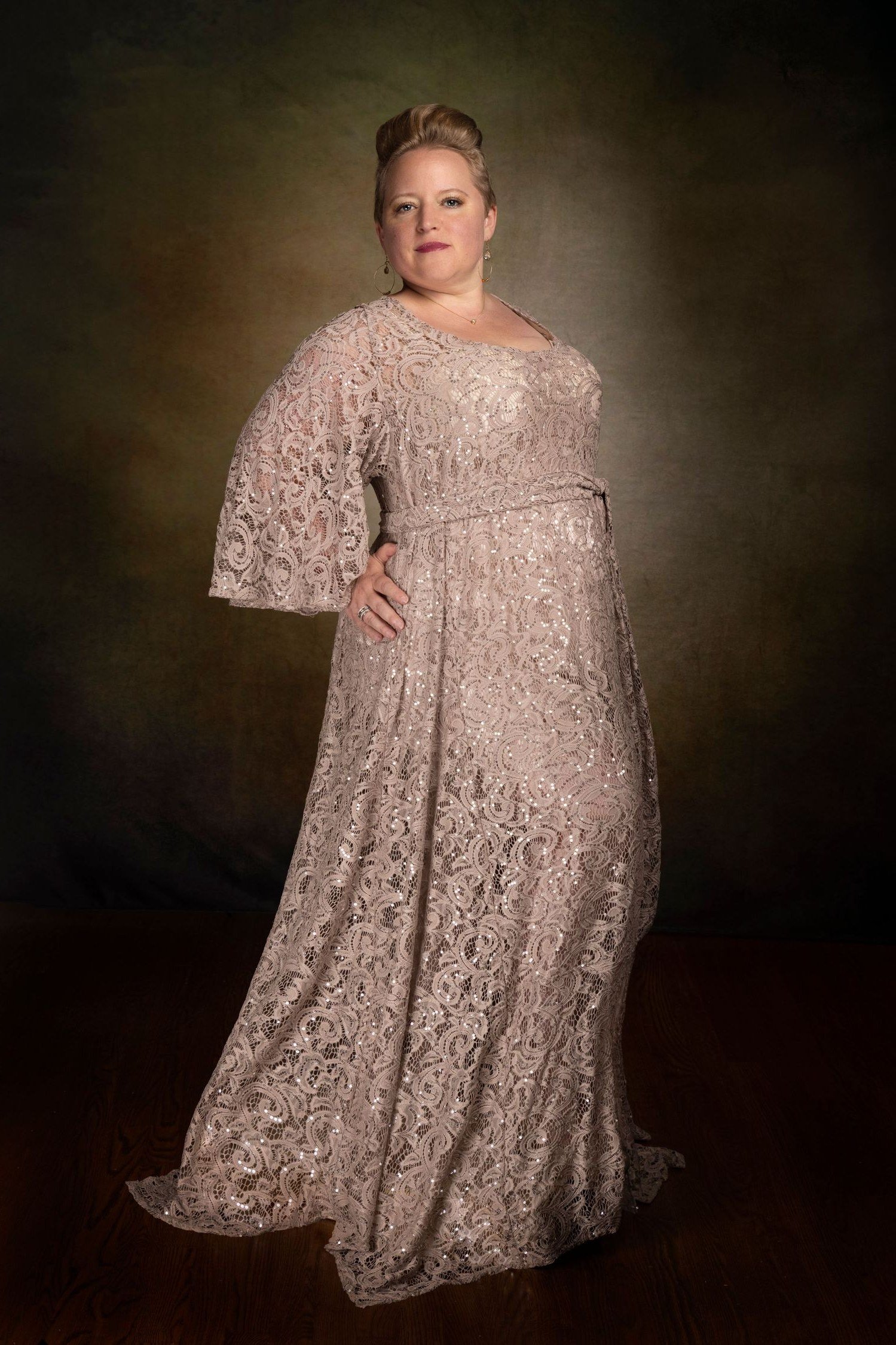 Champagne gold lace evening gown with three-quarter sleeves for women over 60