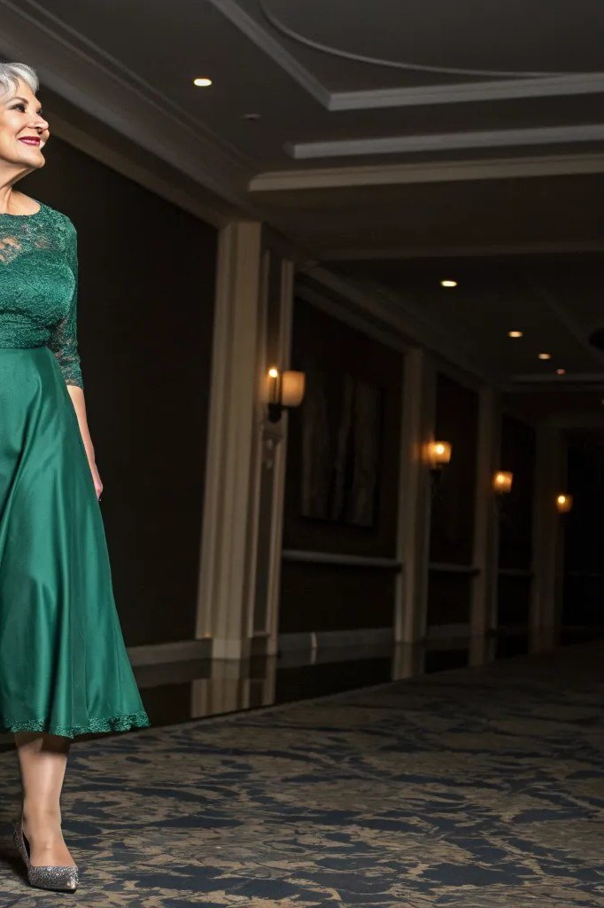 Emerald green lace twirl evening gown for women over 60