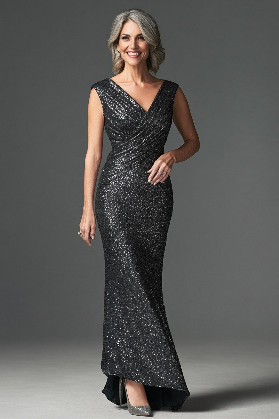 Silver sequin mermaid evening gown for women over 60