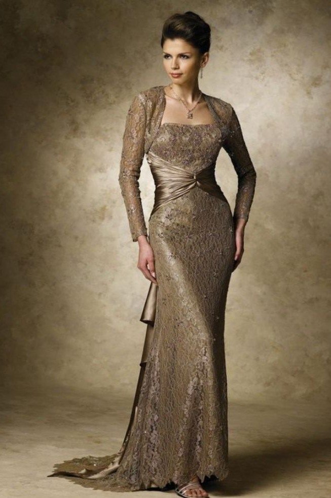 Champagne gold sequin long-sleeve evening gown for women over 60