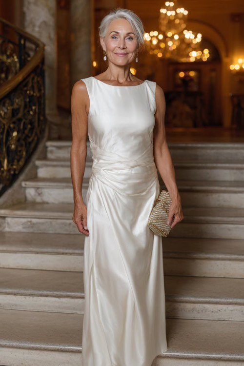 Ivory satin ruched evening gown for women over 60