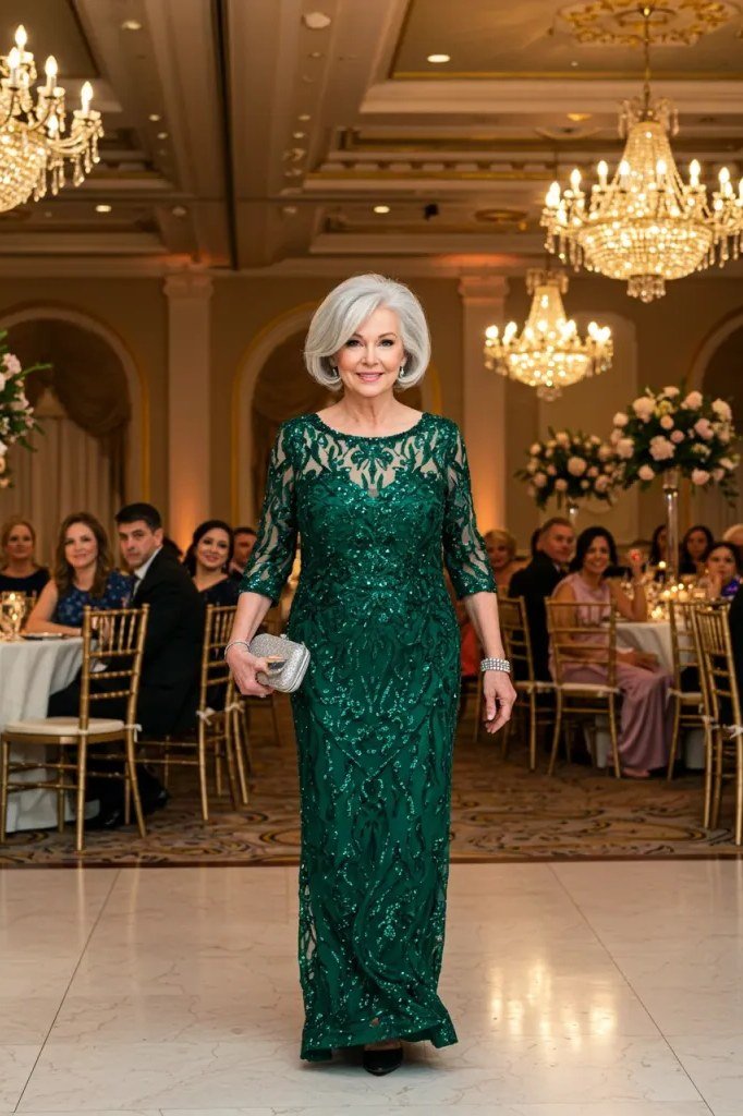 Emerald green lace long-sleeve evening gown for women over 60