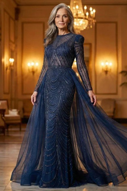 Navy tulle ballroom evening gown for women over 60