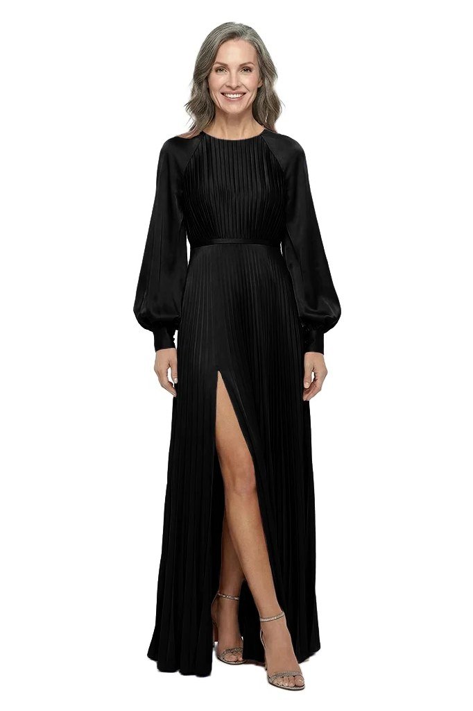 Black evening gown with thigh-high slit and long sleeves for women over 60