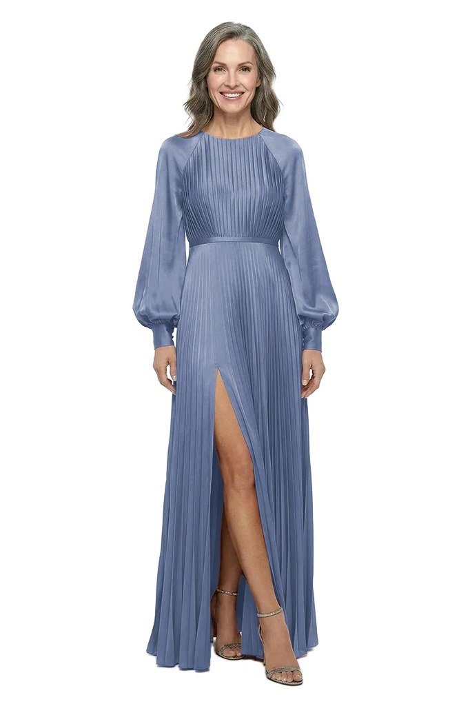 Periwinkle blue evening gown with slit and billowy sleeves for older women