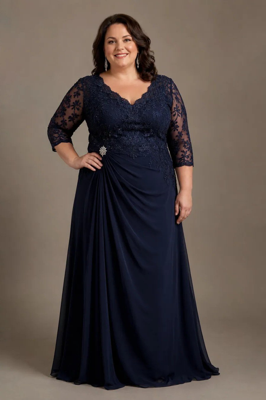 Navy lace evening gown with three-quarter sleeves for plus-size older women