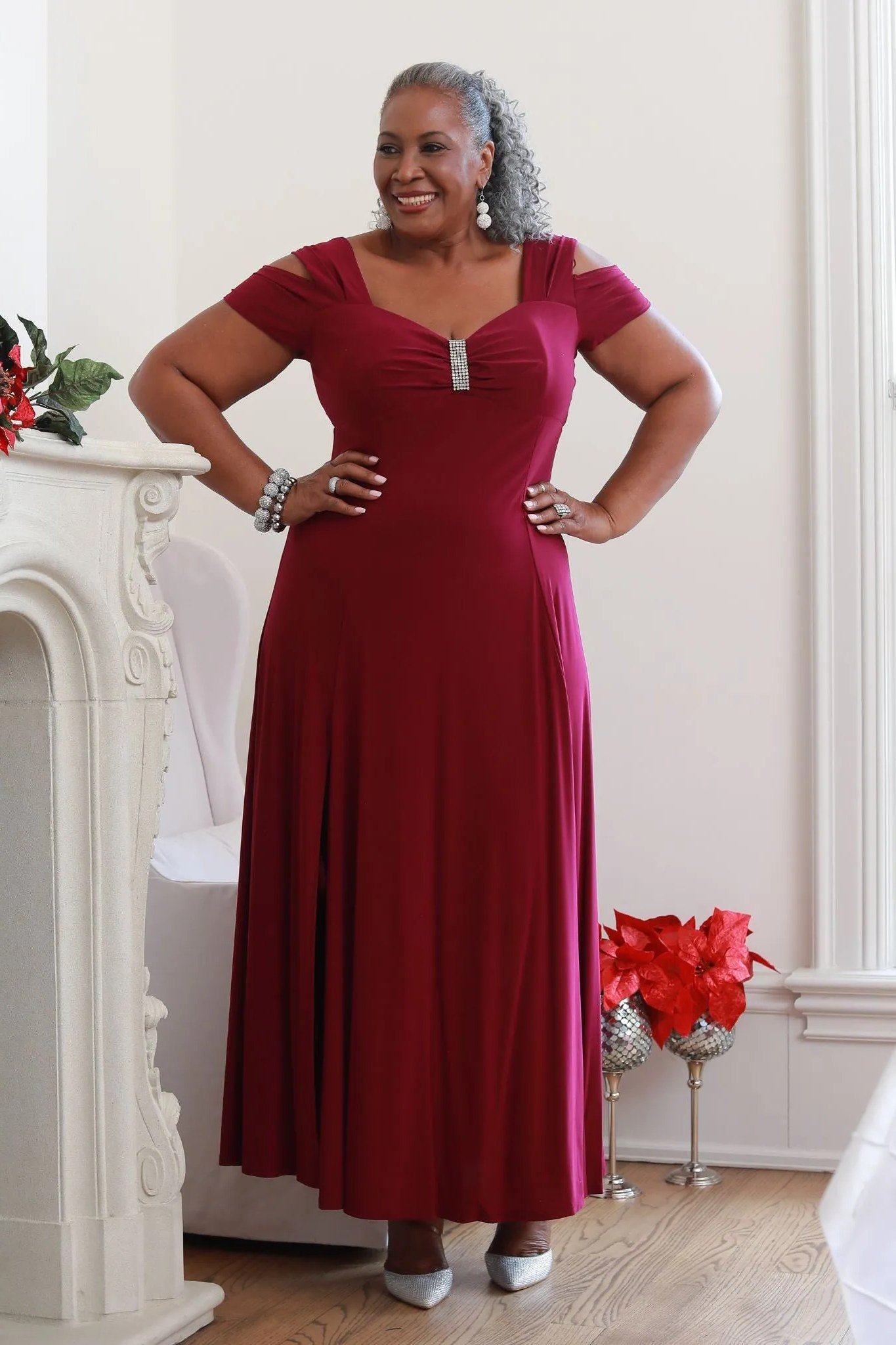 Red draped-neckline evening gown for women over 60