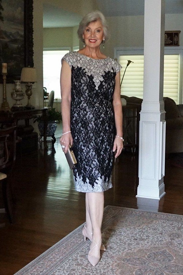 Navy lace cocktail dress with illusion neckline for women over 60