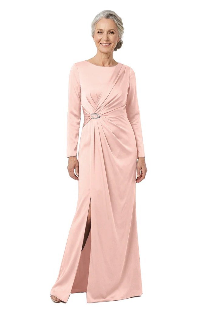 Blush pink evening gown with twist waist and slit for women over 60