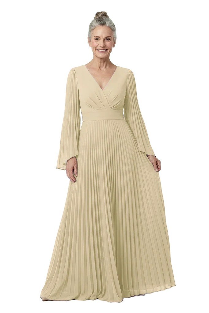 Champagne pleated V-neck evening gown for women over 60