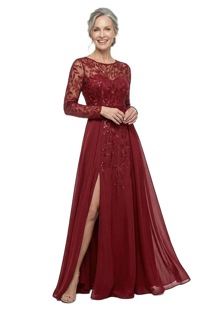 Burgundy lace evening gown with slit for women over 60