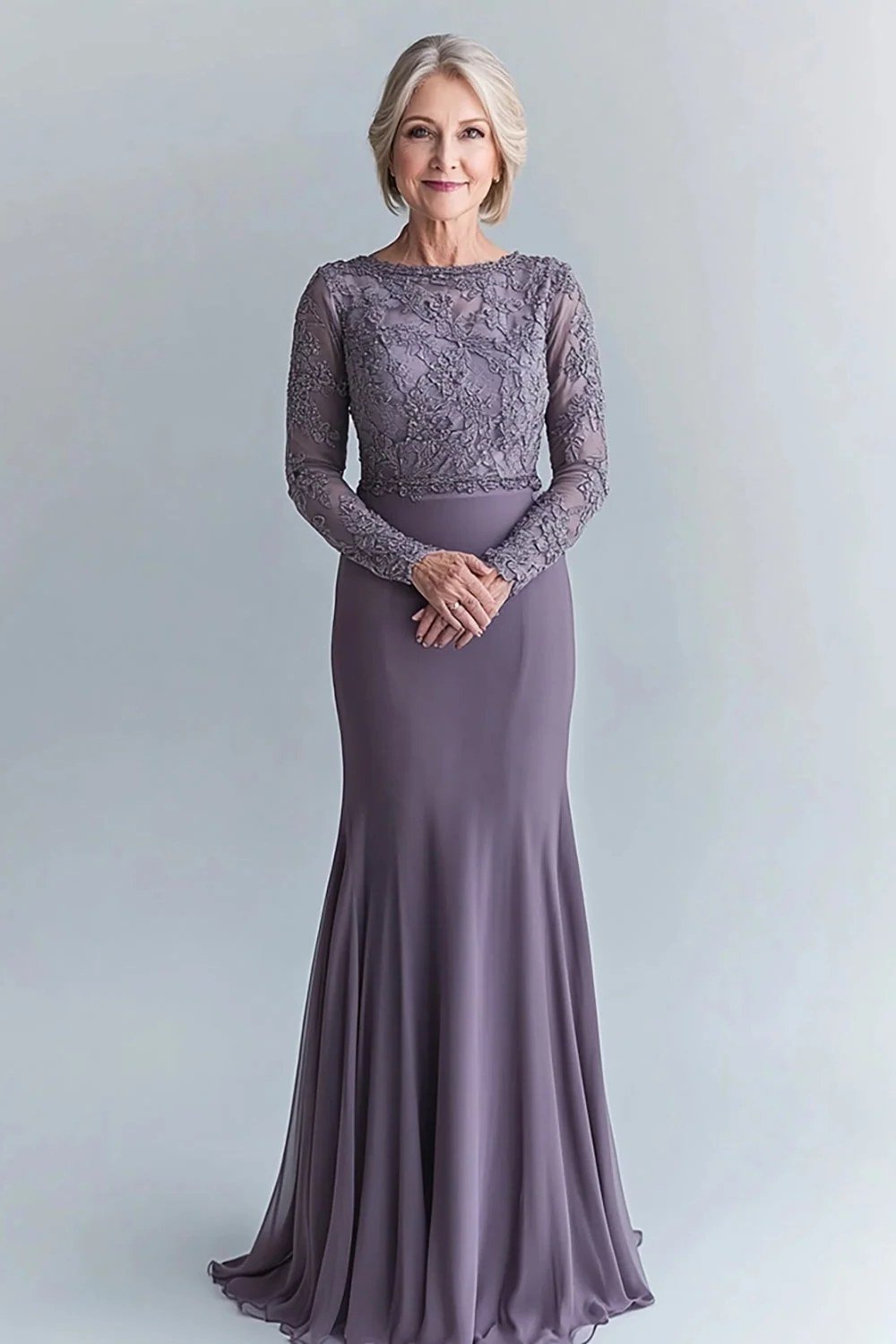 Lavender mermaid evening gown with lace bodice for women over 60