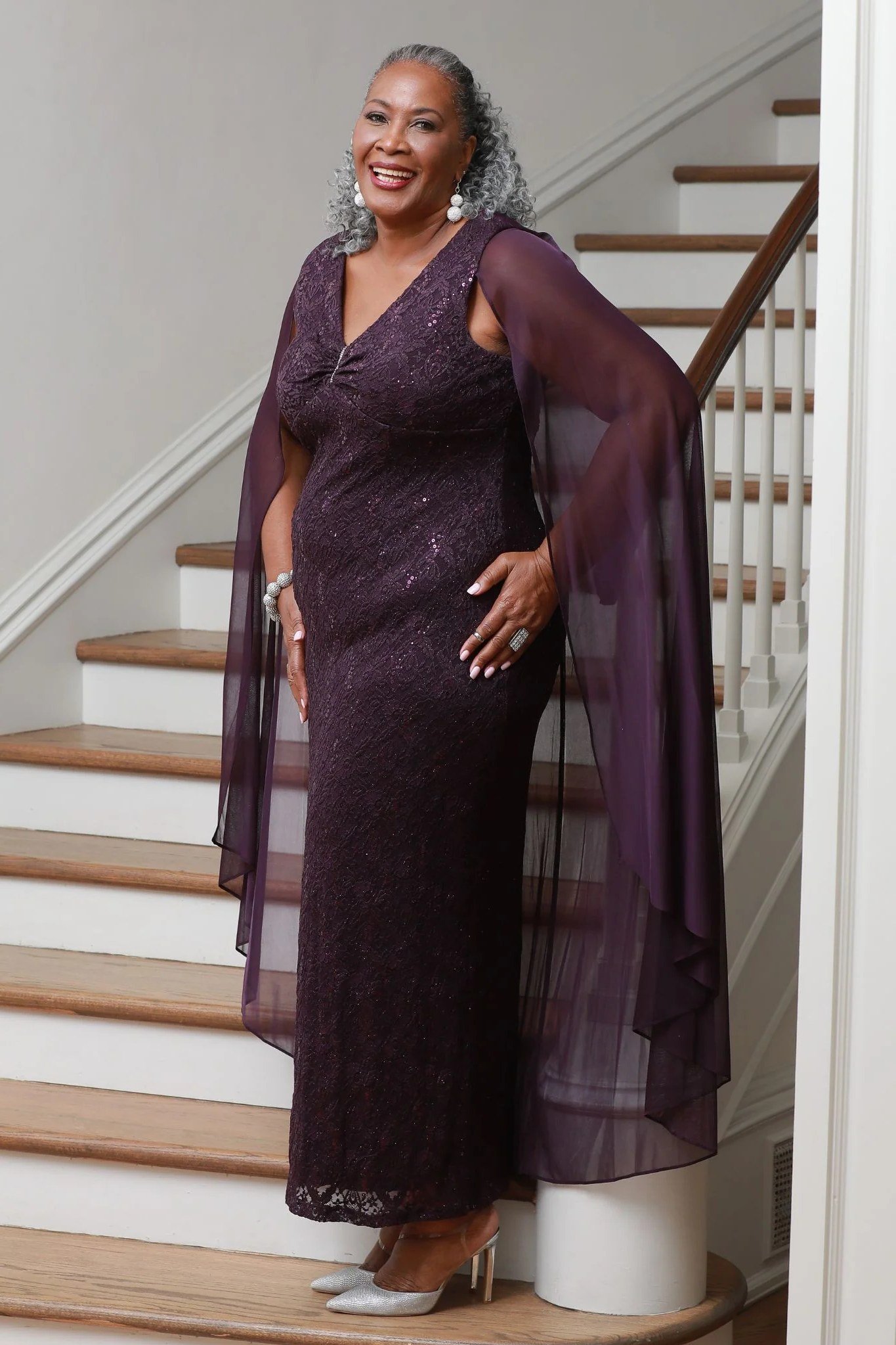 Purple lace evening gown with sheer overlay for women over 60
