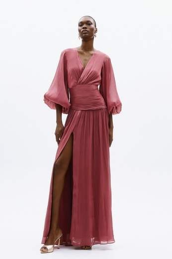 Rose pink wrap evening gown with billowy sleeves for women over 60