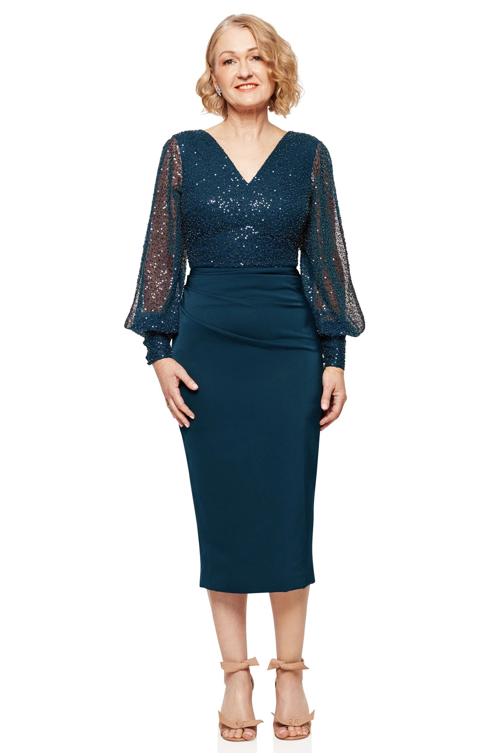 Teal lace cocktail dress for women over 60