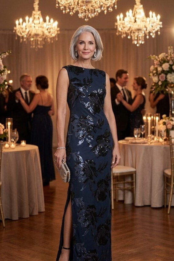 Navy sequin V-neck evening gown for women over 60