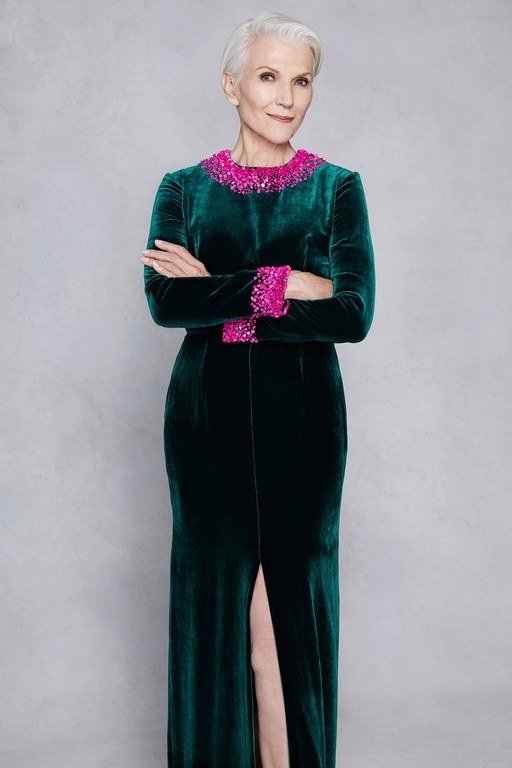 Emerald green velvet evening gown with pink trim for women over 60
