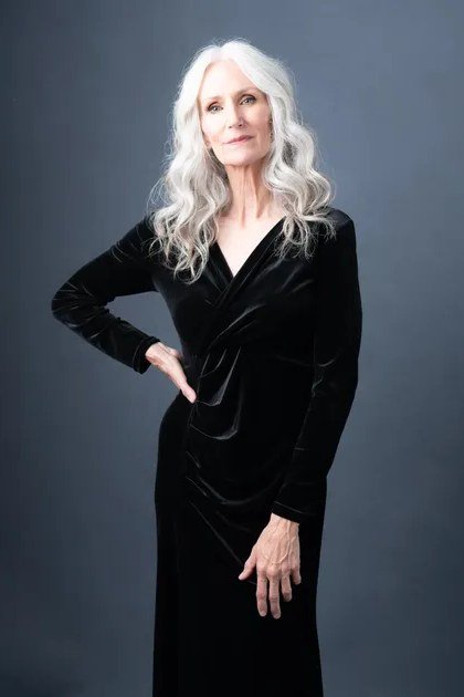 Black velvet V-neck evening gown for women over 60