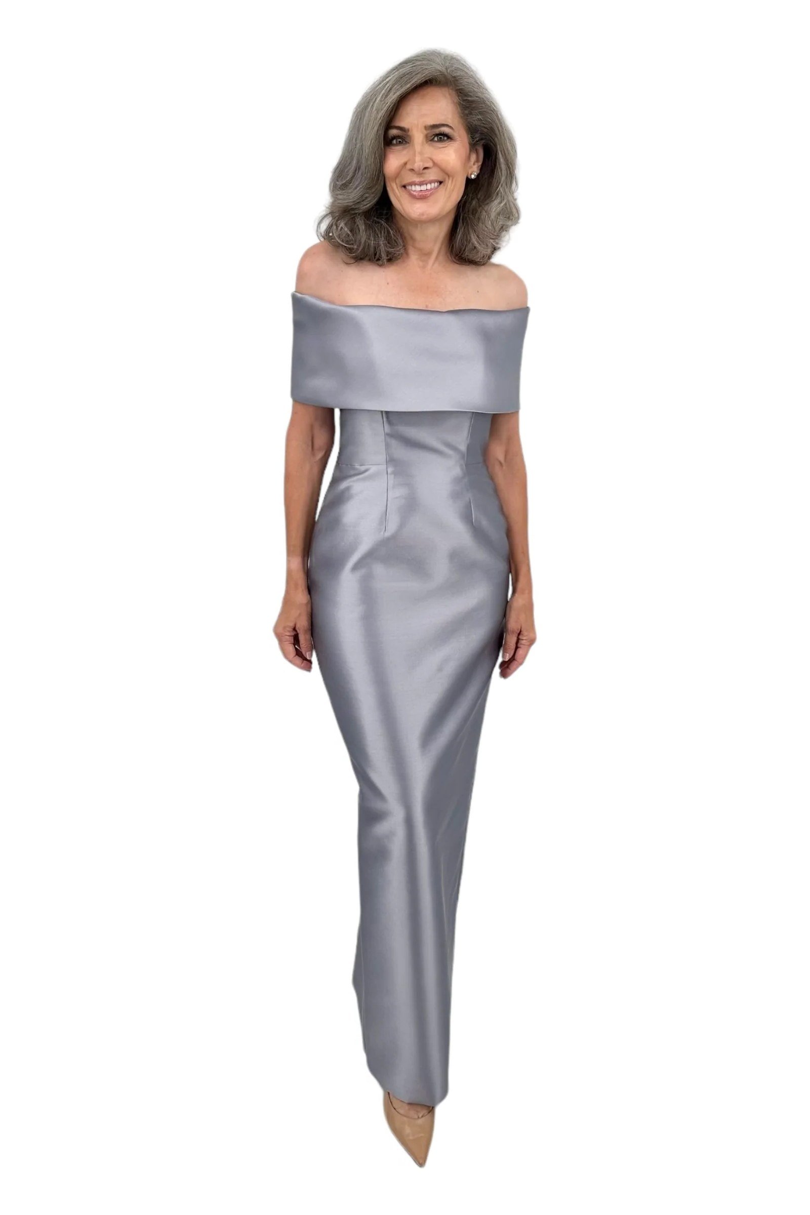 Silver off-the-shoulder satin evening gown for women over 60