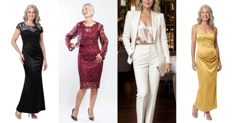 Collage of four elegant evening outfits for women over 50