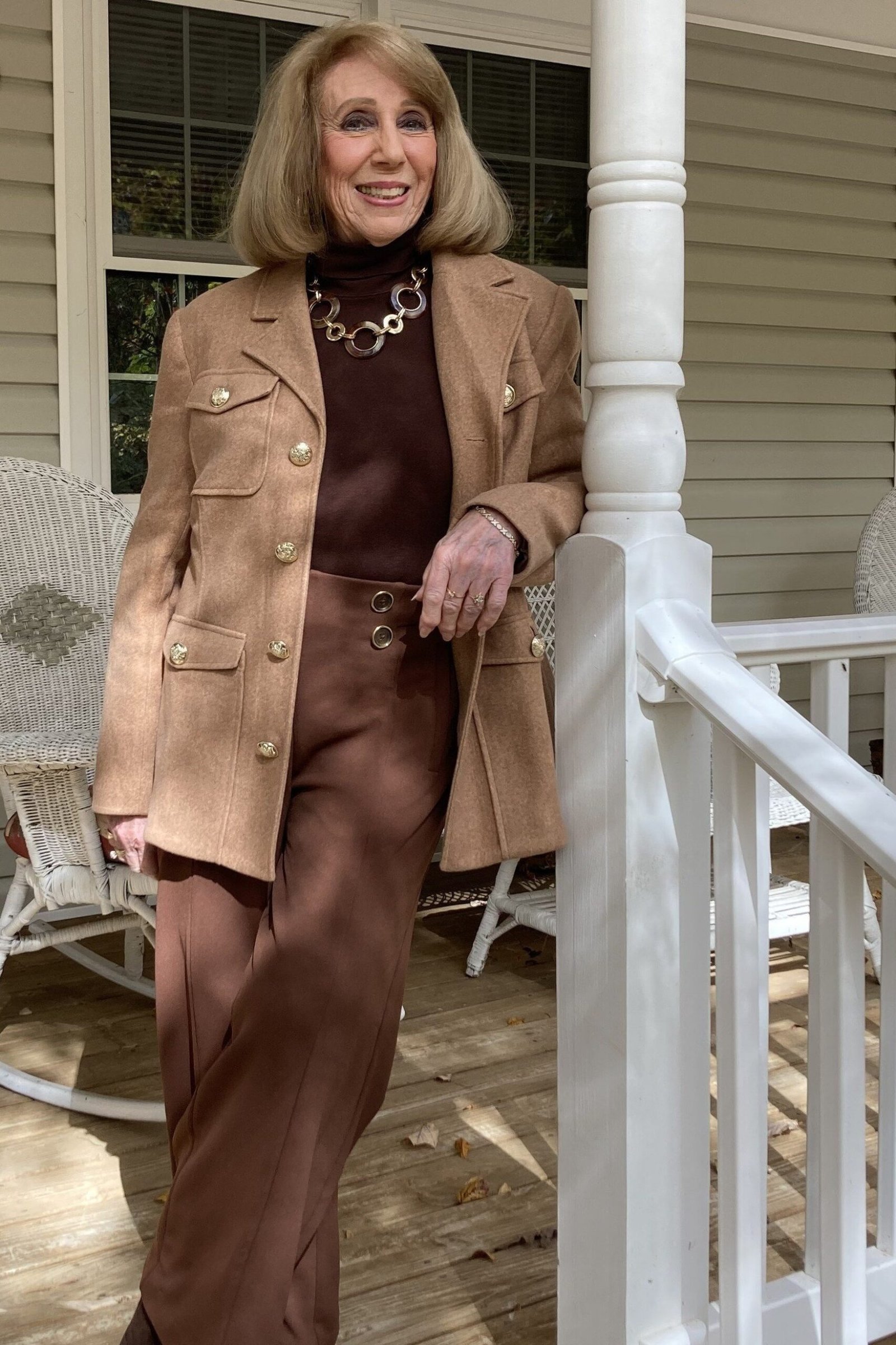 Camel Utility Jacket with Chocolate Brown Pants, fall 2026 outfit for women over 60