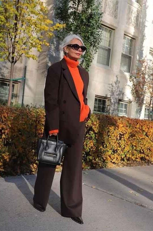 Black Blazer with Rust Top and Brown Trousers, fall 2026 outfit for women over 60