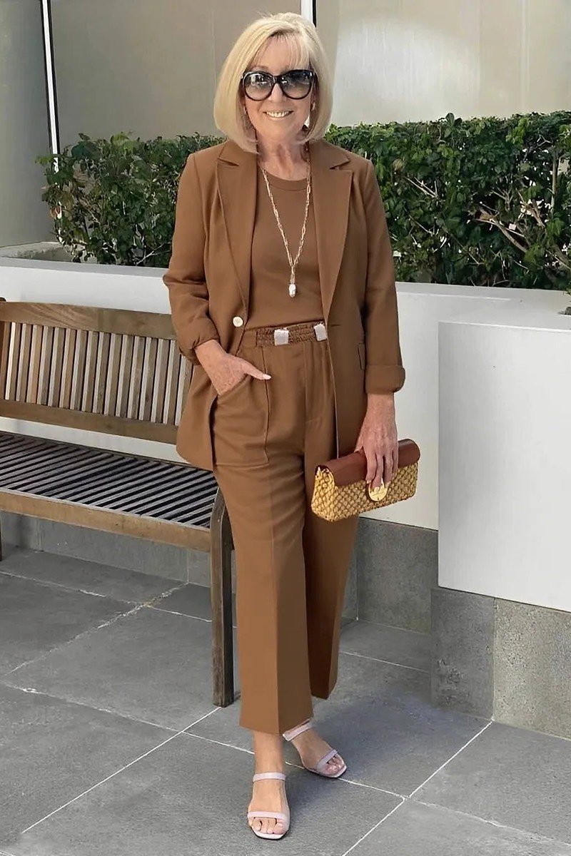 Camel Blazer and Wide-Leg Trouser Suit, fall 2026 outfit for women over 60