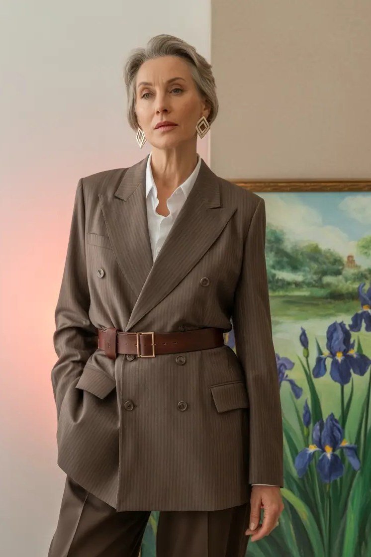 Taupe Belted Double-Breasted Blazer Suit, fall 2026 outfit for women over 60