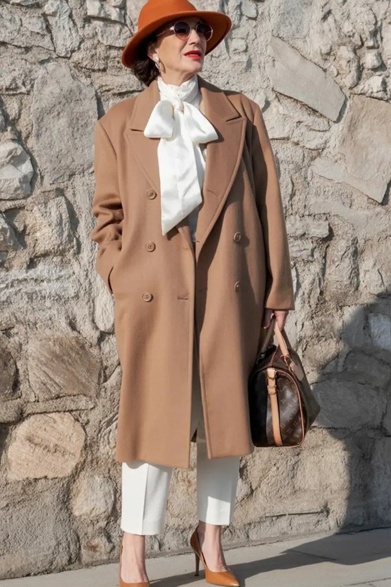Camel Coat with White Blouse and Rust Hat, fall 2026 outfit for women over 60