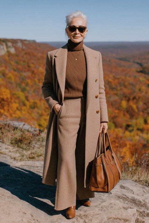 Camel Coat with Brown Turtleneck and Brown Wide-Leg Trousers, fall 2026 outfit for women over 60