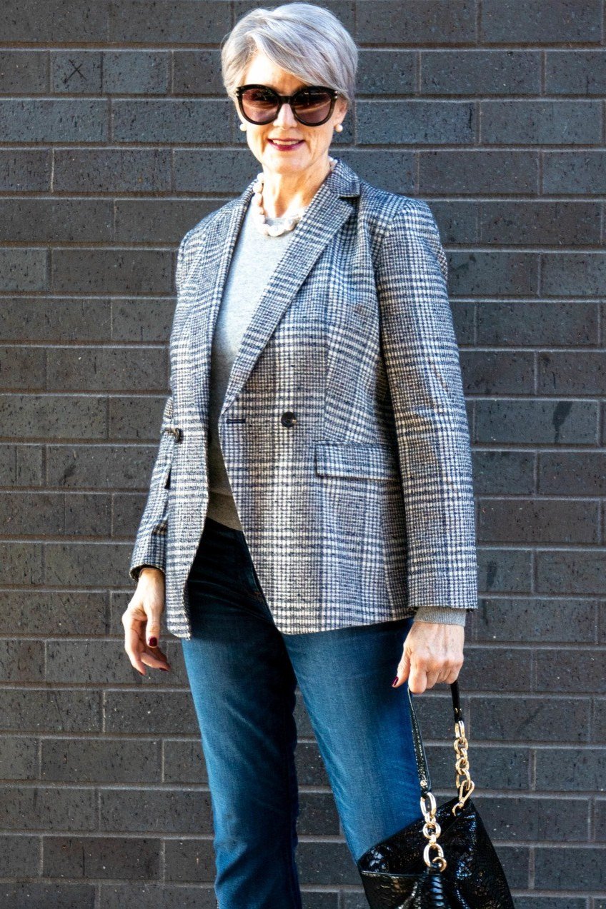 Grey Plaid Blazer with Light Blue Shirt and Jeans, fall 2026 outfit for women over 60