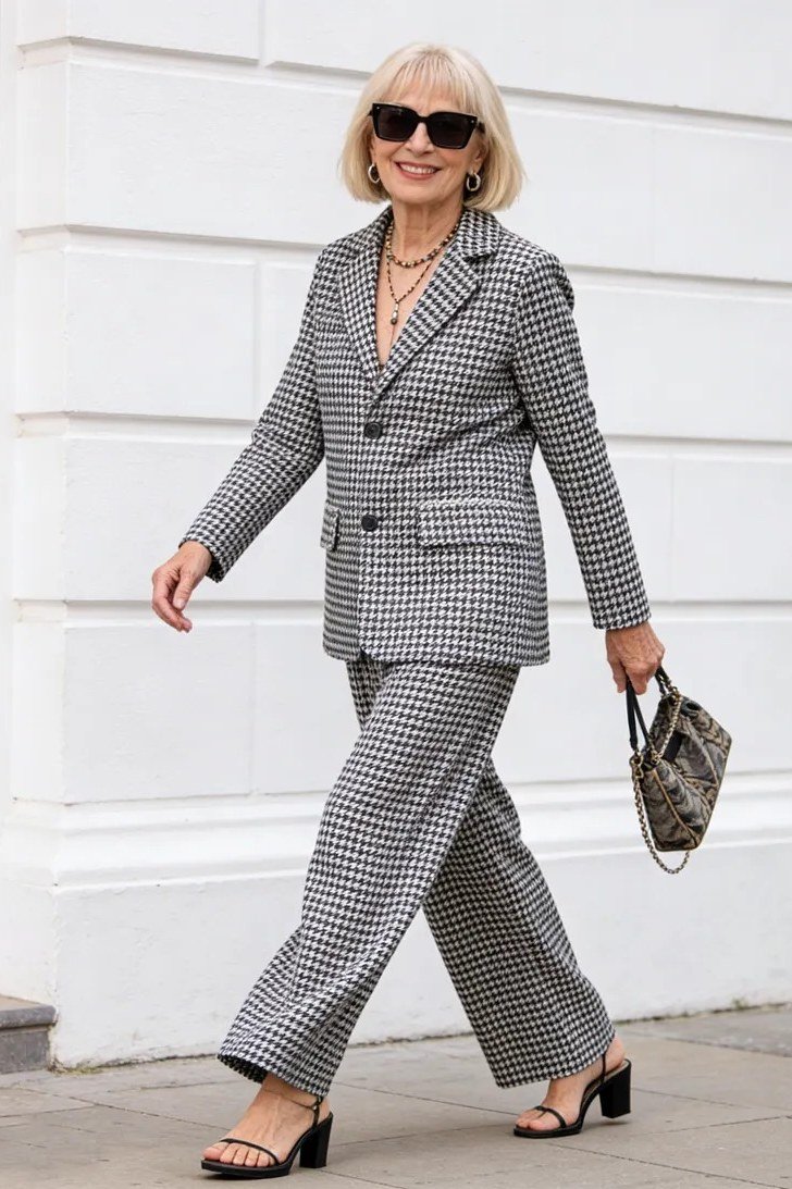 Black and White Houndstooth Trouser Suit, fall 2026 outfit for women over 60