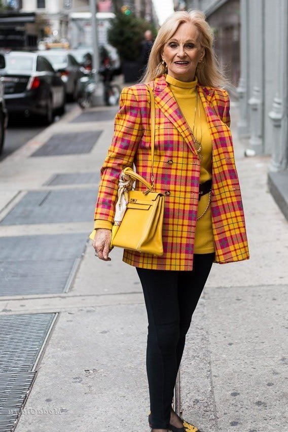 Mustard Plaid Blazer with Black Pants and Yellow Bag, fall 2026 outfit for women over 60