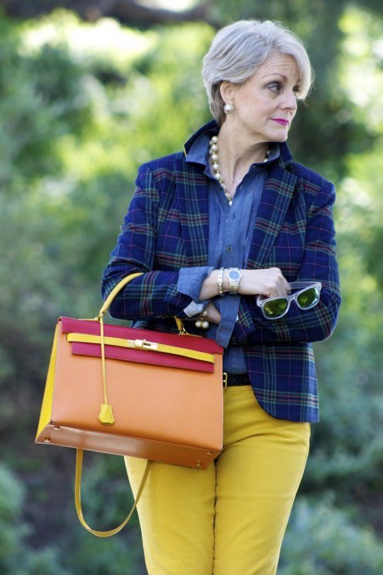 Navy Plaid Blazer with Mustard Trousers and Orange Bag, fall 2026 outfit for women over 60