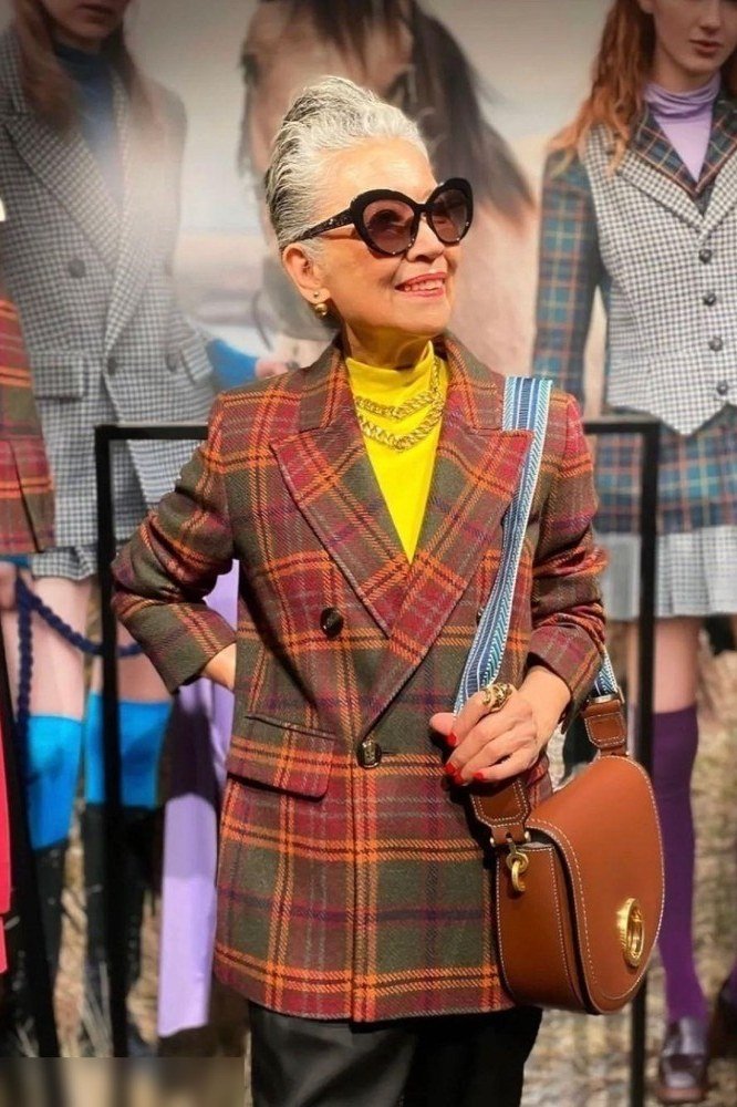 Brown Plaid Blazer with Yellow Turtleneck and Sunglasses, fall 2026 outfit for women over 60