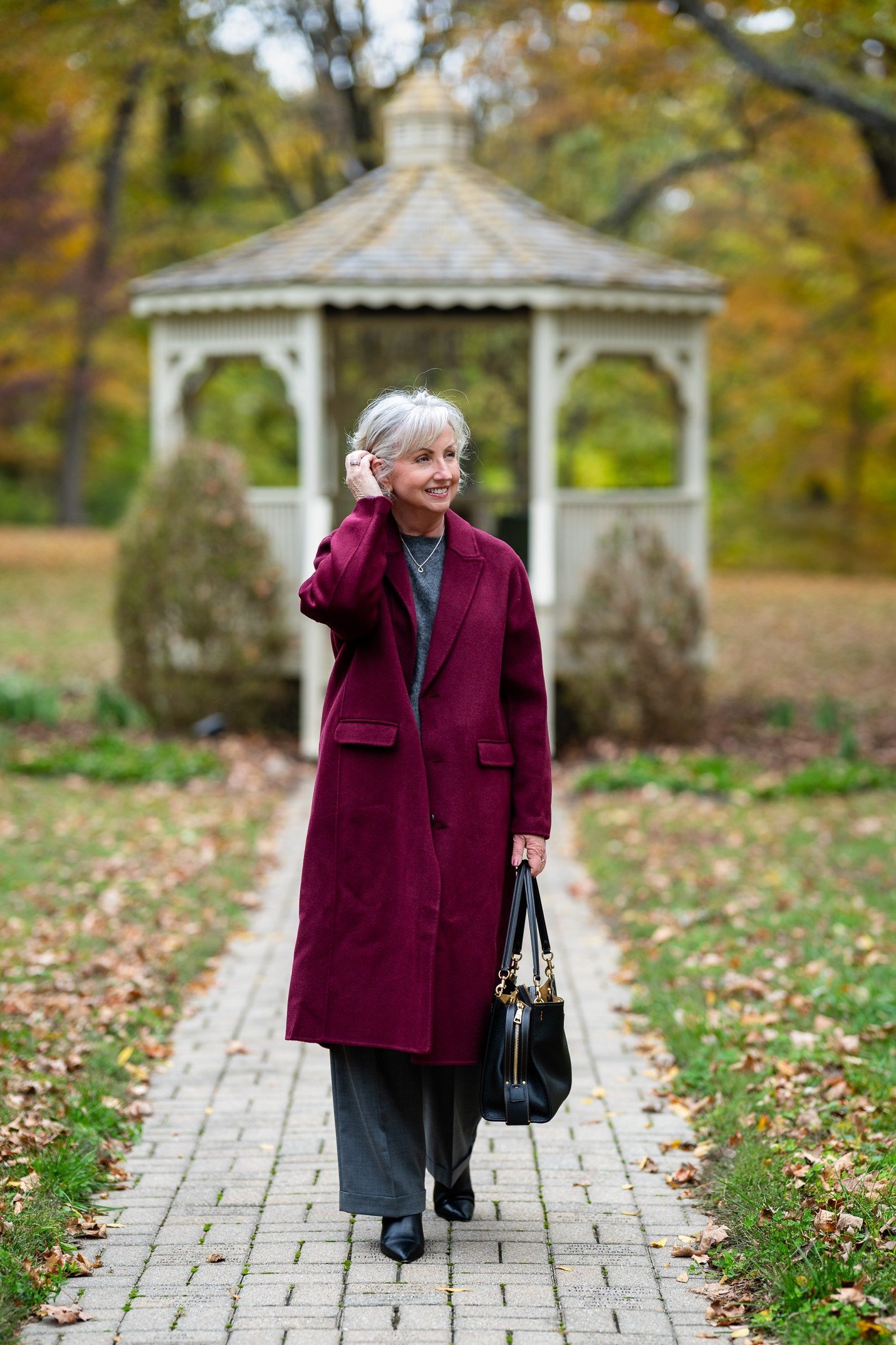 Burgundy Long Coat with Grey Trousers, fall 2026 outfit for women over 60