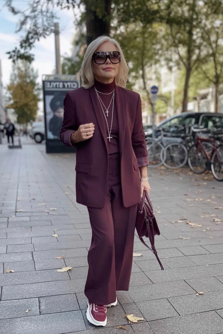 Burgundy Blazer and Wide-Leg Trouser Suit, fall 2026 outfit for women over 60